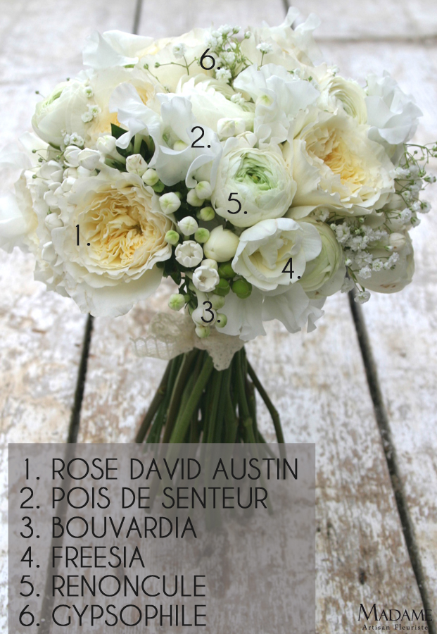 Bouquet de mariee blanc renoncule et pois de senteur par Madame Artisan fleuriste - La mariee aux pieds nus