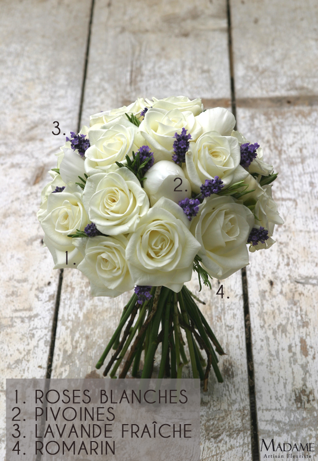 Bouquet de mariee roses blanches et lavande par Madame Artisan fleuriste - La mariee aux pieds nus